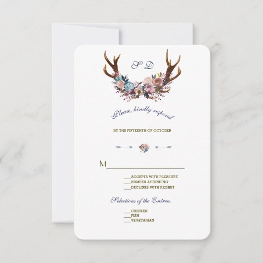 Antlers Dusty Blue Rose Floral | Mariage RSVP (Devant)