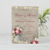Antlers en String Lights Rustic Burgundy Floral I Kaart (Staand voorkant)