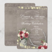 Antlers en String Lights Rustic Burgundy Floral I Kaart (Voorkant / Achterkant)