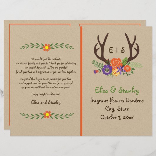 Antlers & fleurs orange programme de mariage monog (Devant / Derrière)