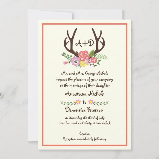 Antlers & koraal bloemen monogram bos bruiloft kaart (Voorkant)