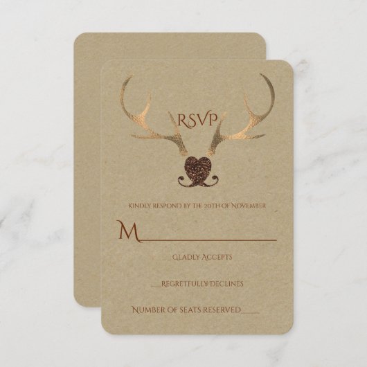 Antlers or et papier Brown Mariage rustique RSVP (Devant / Derrière)