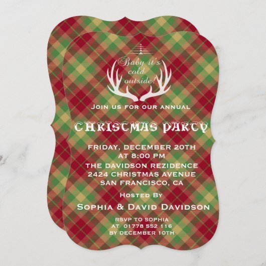 Antlers Red Green Plaid Christmas Party Invitation (Devant / Derrière)