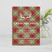 Antlers Red Green Plaid Christmas Party Invitation (Debout devant)