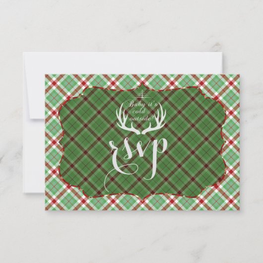 Antlers Rood Groen Geruit Huwelijk RSVP (Voorkant)