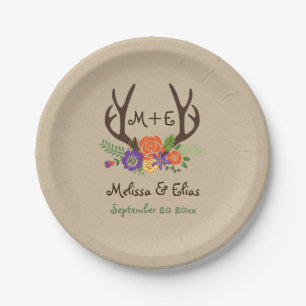 Antlers & sinaasappel paarse bloemen rustieke brui papieren bordje