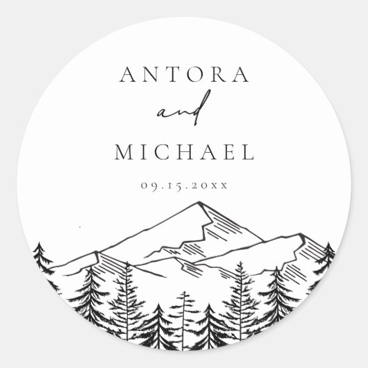 ANTORA Black & White Mountains Weddennames Ronde Sticker (Voorkant)