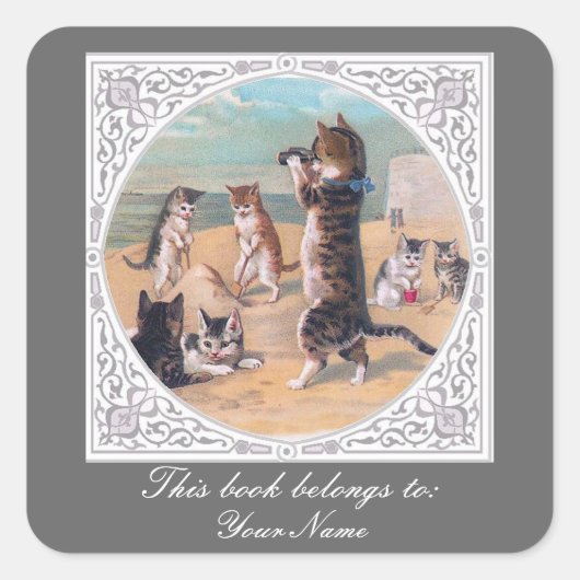 Antropomorfe katten aan het strand vierkante sticker (Voorkant)