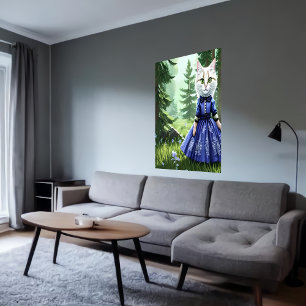 Antropomorfe witte kat in blauwe jurk AI Art. Poster