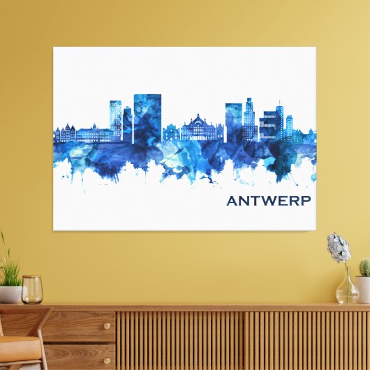 Antwerpen Belgium Skyline Blue Canvas Afdruk (Insitu (Woonkamer))