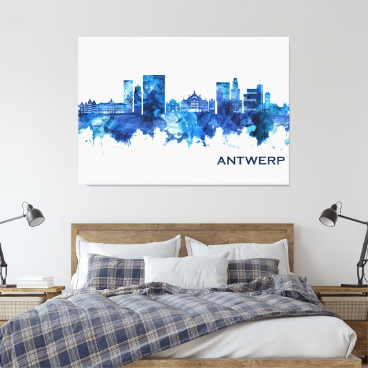 Antwerpen Belgium Skyline Blue Canvas Afdruk (Insitu (Slaapkamer))