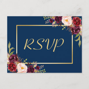 Antwoord van de Burgundy Floral Gold Navy Blue Wed Uitnodiging Briefkaart