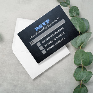 Antwoordkaart in blauw voor Bar Mitzvah op schoolb RSVP Kaartje