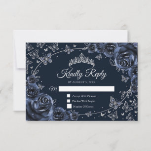 Antwoordkaart voor Navy Silver Quinceanera RSVP Kaartje