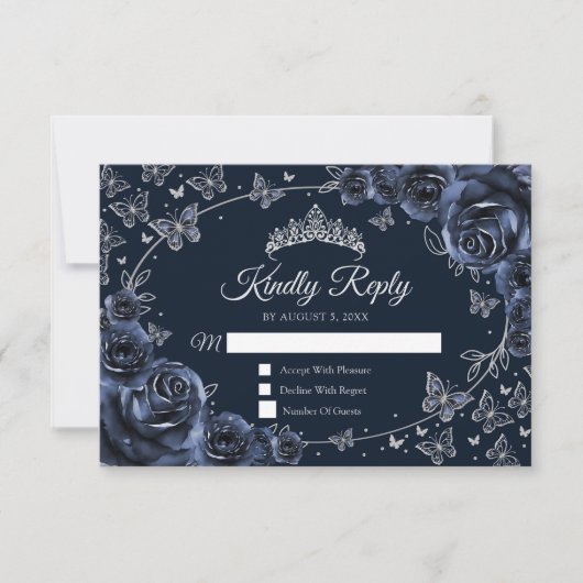 Antwoordkaart voor Navy Silver Quinceanera RSVP Kaartje (Voorkant)