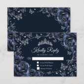 Antwoordkaart voor Navy Silver Quinceanera RSVP Kaartje (Voorkant / Achterkant)