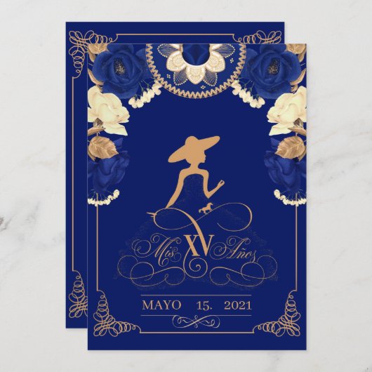 Anuncio Charro Invitation, in Navy Blue en Gold Aankondiging (Voorkant / Achterkant)