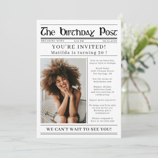 Any Age Birthday Newspaper Custom Photo  Kaart (Staand voorkant)