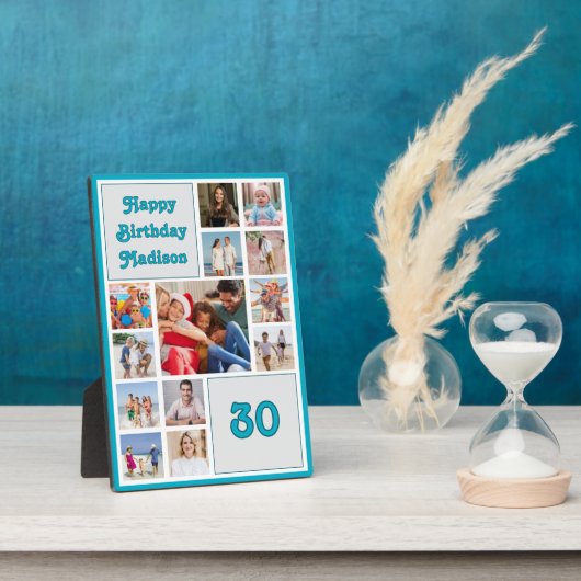 Any age birthday photo collage with blue border fotoplaat (Zijkant)