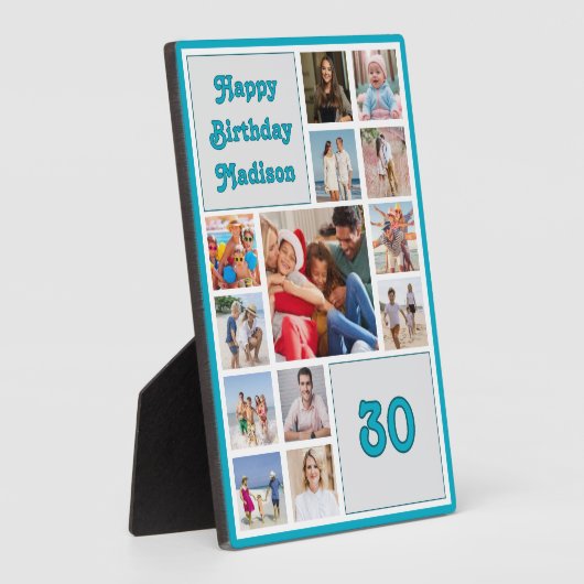 Any age birthday photo collage with blue border fotoplaat (Zijkant)