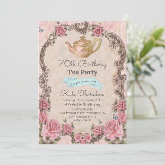 ANY AGE - Bloementhee Verjaardagsuitnodiging Kaart (Staand voorkant)