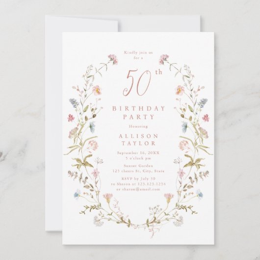 Any Age Dusty Pink Wildflower Boho 50e verjaardag Kaart (Voorkant)