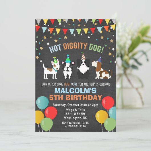 ANY AGE - Hond Puppy Verjaardag Krijt Uitnodiging (Staand voorkant)