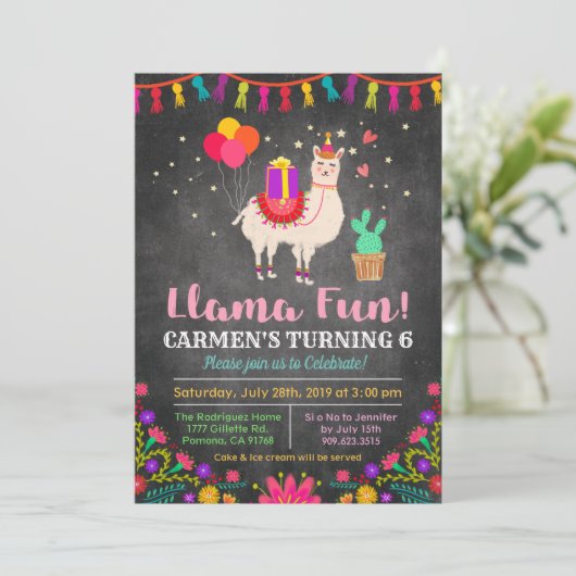 ANY AGE - Llama Bloemen Verjaardag Uitnodiging (Staand voorkant)