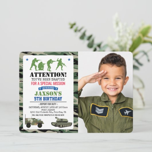 ANY AGE - Militaire Verjaardag Foto uitnodiging (Staand voorkant)