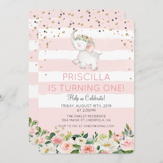 ANY AGE - Olifant Meisje Verjaardag uitnodiging (Voorkant / Achterkant)