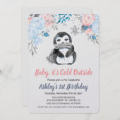 ANY AGE - Pinguïn Bloemen Verjaardag Uitnodiging (Voorkant / Achterkant)