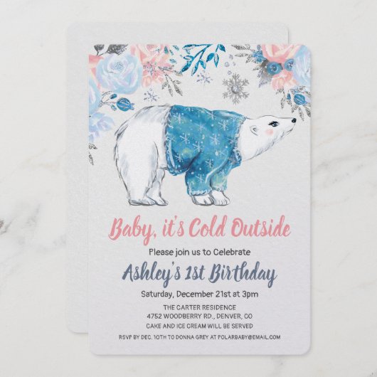 ANY AGE - Polar Beer Floral Verjaardagsuitnodiging Kaart (Voorkant / Achterkant)