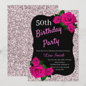 Any Age Verjaardag Roze Glitter Roze Rozen Kaart (Voorkant / Achterkant)