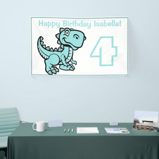 Any Age Wit en Blauwgroen T Rex Dinosaur Verjaarda Spandoek (Beurs)