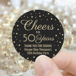 ANY Birthday Cheers Elegant Zwart & Goud Confetti Ronde Sticker