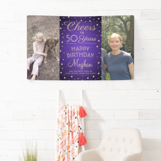 ANY Birthday Cheers geborsteld Paarse & Gold 2 Fot Spandoek (Insitu)