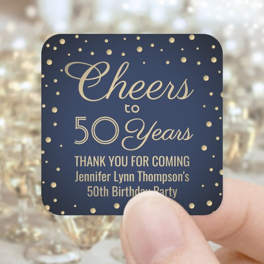 ANY Birthday Cheers Navy Blue en Gold Confetti Vierkante Sticker