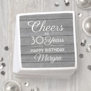 ANY Birthday Cheers Rustic Wood Elegant Gray White Servet