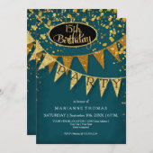 Any Birthday Peacock Blue Gold Confetti Pennant Kaart (Voorkant / Achterkant)