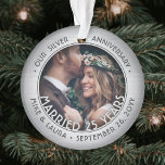 Any Text 2 Photo Silver 25e anniversaire de Mariag<br><div class="desc">Célébrez un joyeux 25e anniversaire de mariage avec une photo personnalisée 2 "Marié 25 ans" faux argent brossé ornement de Noël acrylique ronde en argent brossé. Tous les textes et les images de ce modèle sont simples à personnaliser et peuvent être différents ou identiques sur le devant et le dos....</div>