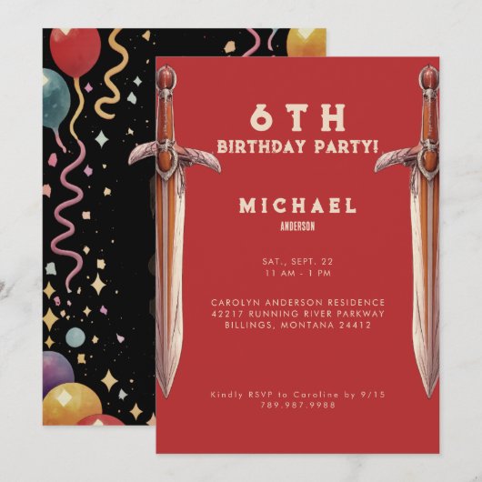 Any Year Swords Red Birthday Party Invitation (Devant / Derrière)