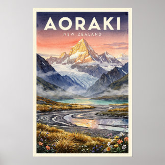 Aoraki Mount Cook Nieuw-Zeeland Reis Retrostijl Poster
