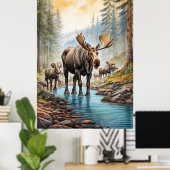 *~* AP49 MOOSE Herd Stream Natuur Bos Poster (Thuiskantoor)