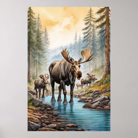 *~* AP49 MOOSE Herd Stream Natuur Bos Poster (Voorkant)