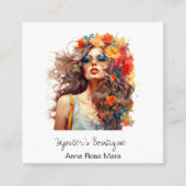 *~* AP57 Boho QR Bloemen Haar Bold Hippie Meisje Vierkante Visitekaartje (Voorkant)
