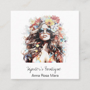 *~* AP57 Boho QR Wilde Bloemen Hippie Vrouw Vierkante Visitekaartje
