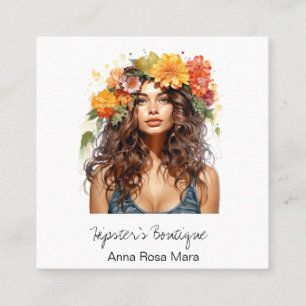 *~* AP57 QR Sinaasappel Boho Flowers Hair Hippie L Vierkante Visitekaartje