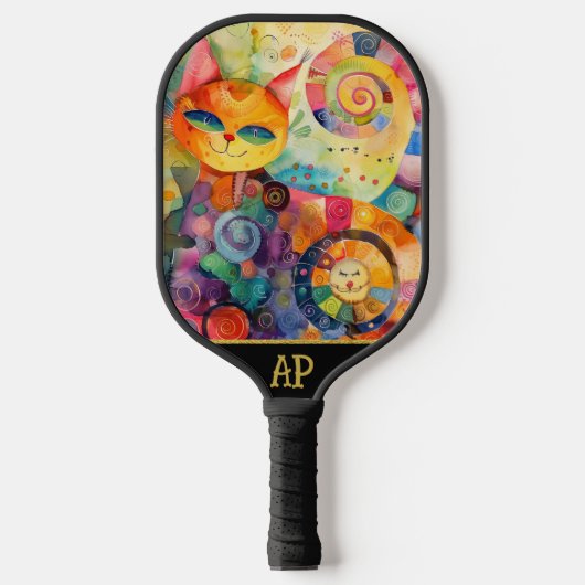 *~* AP68 Whimsical Quirky Cat Vibrant Kleurrijk 2 Pickleball Paddle (Voorkant)