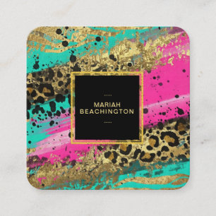 **aP93 Leopard Abstract Animal Neon Gold Bold Vierkante Visitekaartje