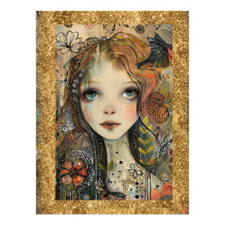 *~ AP95 Whimsical Woman Gouden Glitter Bloemen Foto Afdruk
